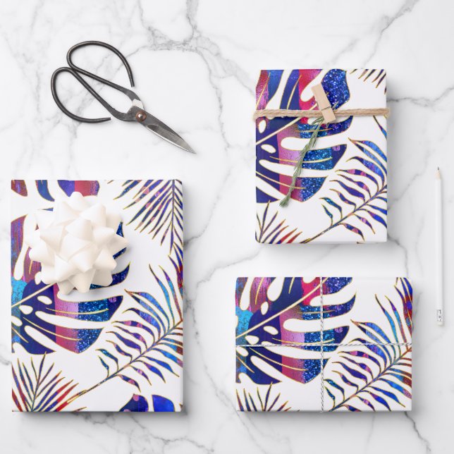 Blue and purple patterned tropical leaves wrapping paper sheet (Front)