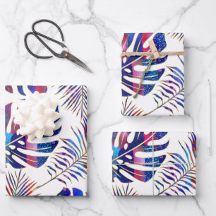 Blue and purple patterned tropical leaves wrapping wrapping paper sheet