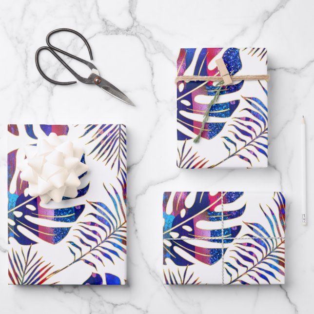 Blue and purple patterned tropical leaves wrapping wrapping paper sheet (Front)