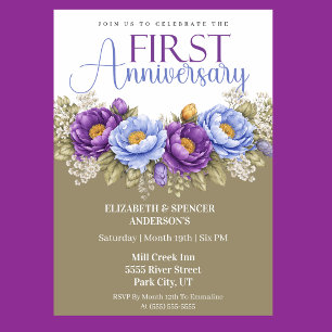 Blue and Purple Peony 1st Wedding Anniversary Invitation