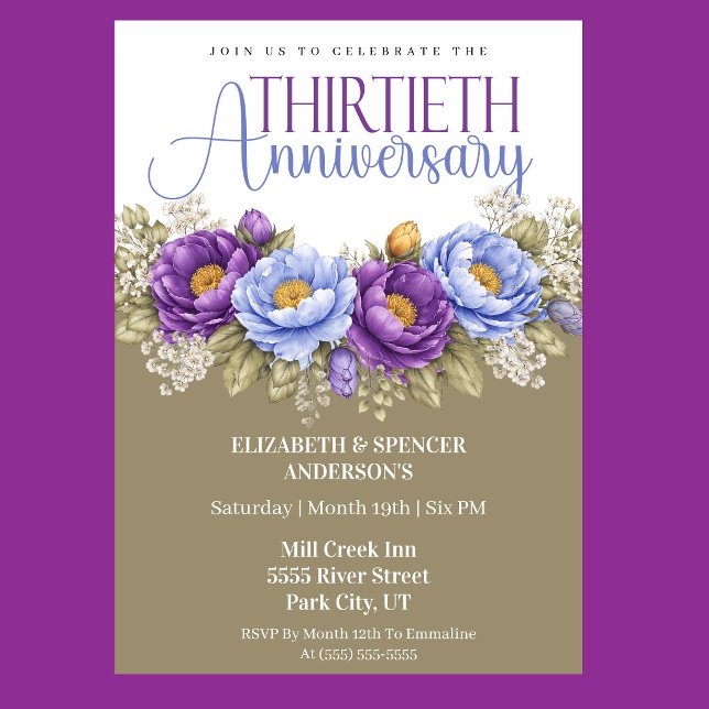 Blue and Purple Peony 30th Wedding Anniversary Invitation (Elegant blue and purple peony floral 30th wedding anniversary invitation)