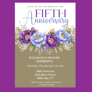 Blue and Purple Peony 5th Wedding Anniversary Invitation