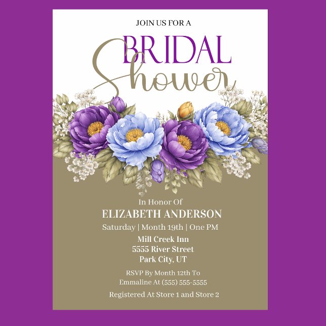 Blue and Purple Peony Bridal Shower Invitation (Elegant blue and purple peony floral bridal shower invitation)