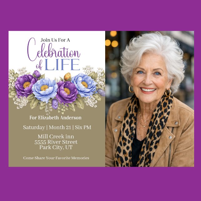 Blue and Purple Peony Celebration Of Life Invitation (Elegant blue and purple peony floral celebration of life invitation)