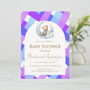 Blue and purple Plaid Boy Baby shower bear Invitation