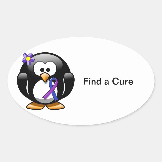 Blue and Purple Ribbon Penguin Oval Sticker (Front)