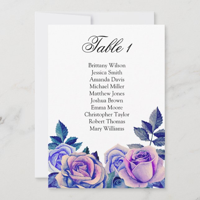 Blue and purple roses seating chart. Table plan Invitation (Front)