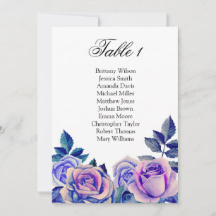 Blue and purple roses seating chart. Table plan Invitation