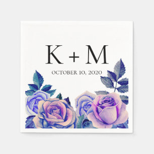Blue and purple roses watercolor. Wedding flowers Napkin