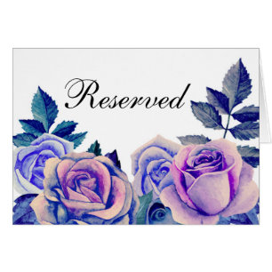 Blue and purple roses. Wedding reserved sign