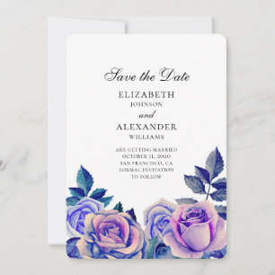 Blue and purple roses wedding save the date