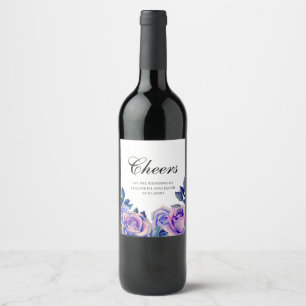 Blue and purple roses wine label. Cheers wedding Label