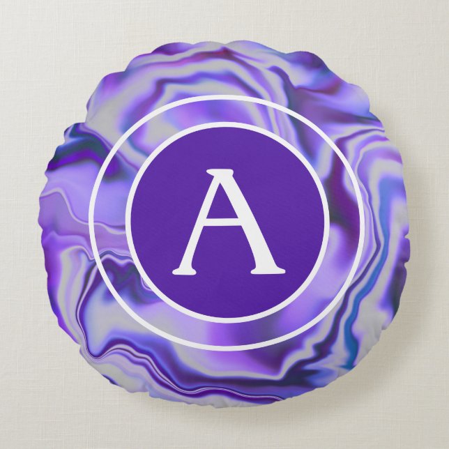 Blue and Purple Silky Marble Monogram Letter Round Cushion (Front)