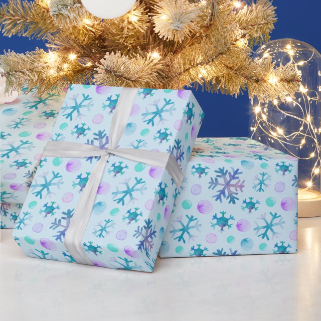 Blue and Purple Snowflakes Modern Green Christmas Wrapping Paper (Holidays)