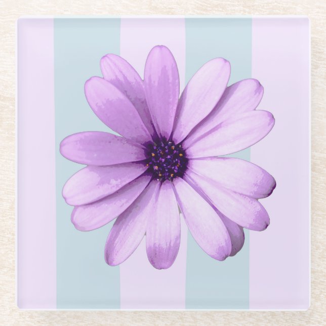 blue and purple striped daisy pattern glass coaster (Front)