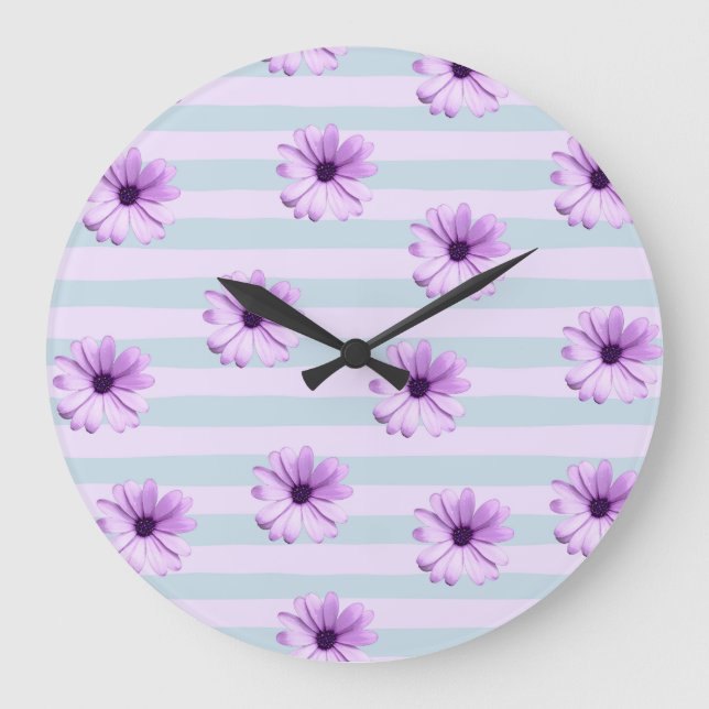 blue and purple striped daisy pattern large clock (Front)