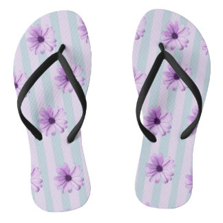blue and purple striped daisy pattern thongs