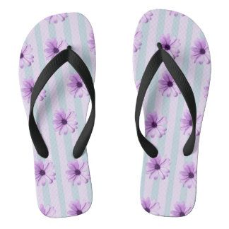blue and purple striped daisy pattern thongs