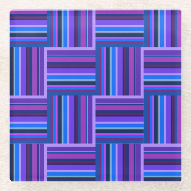 Blue and purple stripes weave pattern glass coaster (Front)