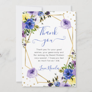 Blue and Purple Summer Flowers Frame Sweet 16 Thank You Card