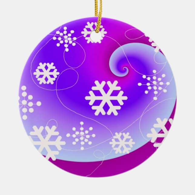 Blue and Purple Swirls and Snowflakes Ceramic Ornament (Front)