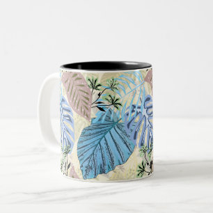 Blue and purple tropical leaves. Two-Tone coffee mug