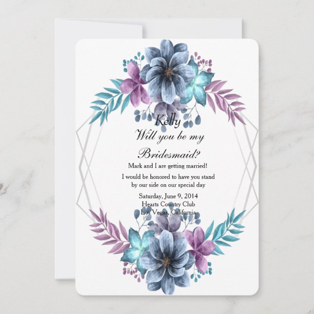 Blue And Purple Watercolor Floral Bridesmaid Invitation (Front)