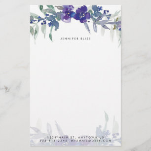 Blue and purple watercolor floral personalised stationery
