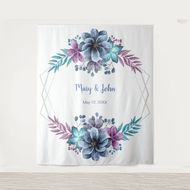 Blue And Purple Watercolor Floral Photo Backdrop Tapestry (Front)