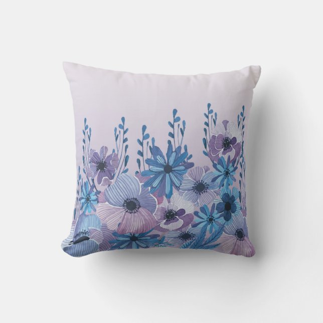 Blue and Purple Watercolor Floral Throw Pillow (Front)