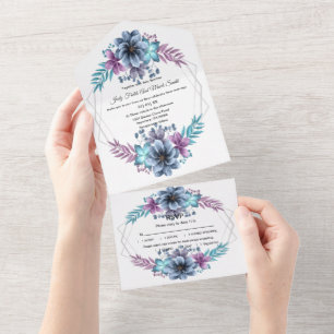 Blue And Purple Watercolor Floral Wedding All In One Invitation
