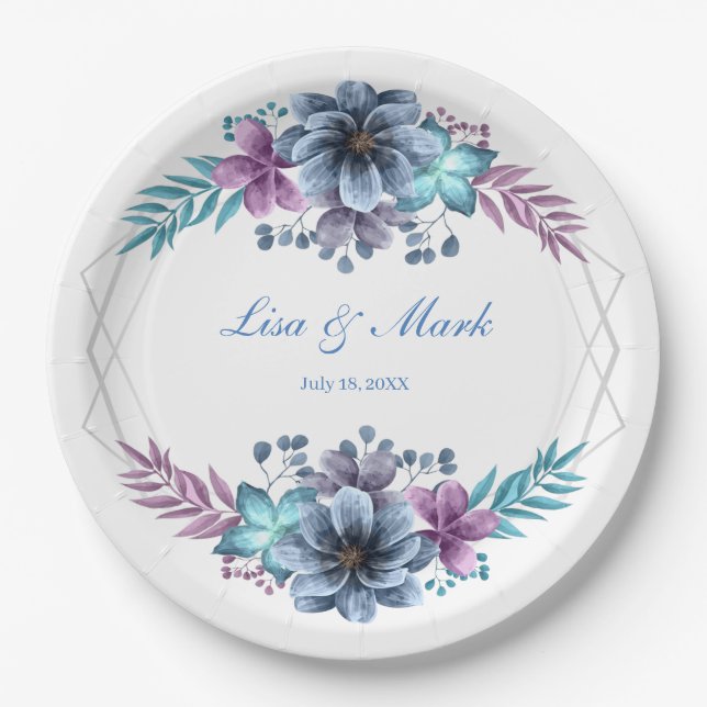 Blue And Purple Watercolor Floral Wedding Paper Plate (Front)