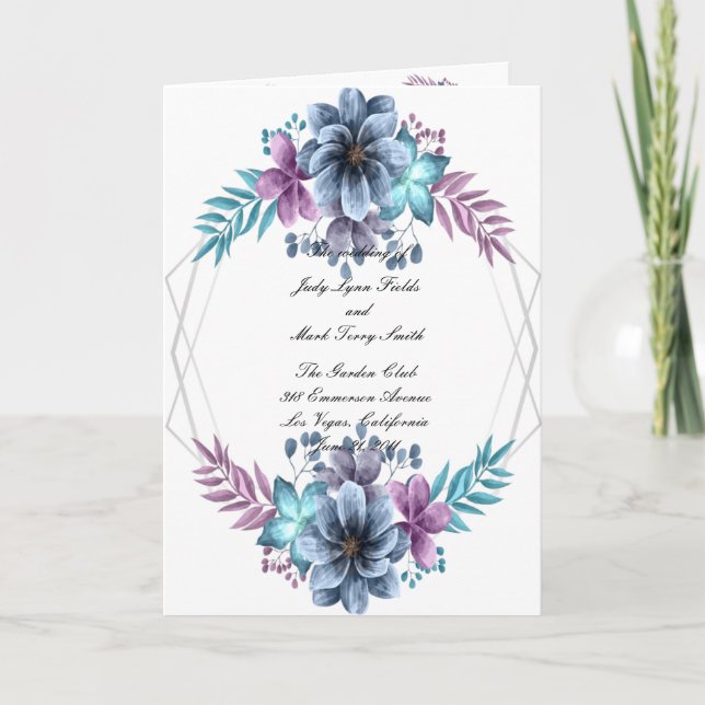  Blue And Purple Watercolor Floral Wedding Program (Front)
