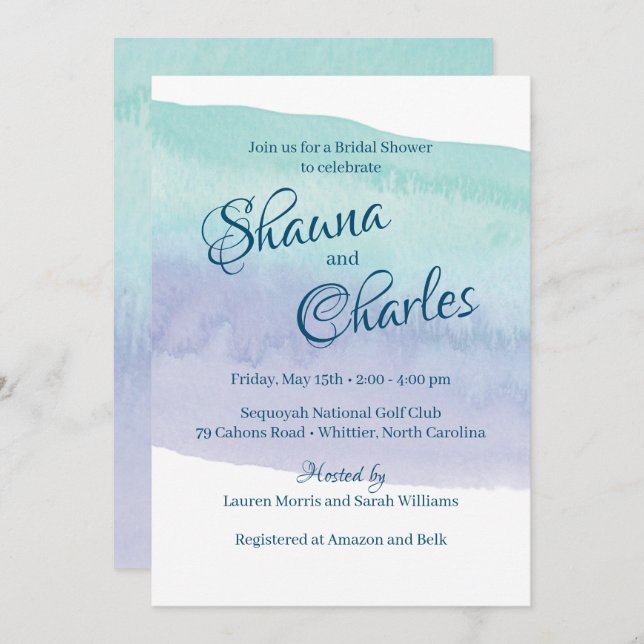 Blue and Purple Watercolor Wash Bridal Shower Invitation (Front/Back)