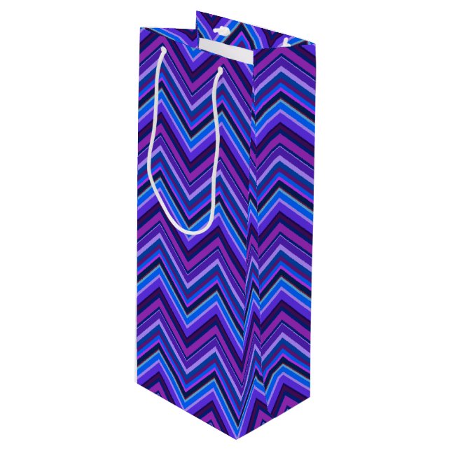 Blue and purple zigzag stripes wine gift bag (Front Angled)