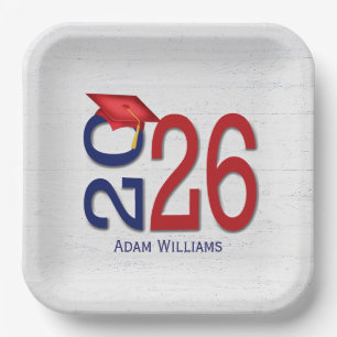 Blue and Red 2025 Graduation On Wood Paper Plate