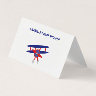 Blue and Red Aeroplane Baby Shower Place Card