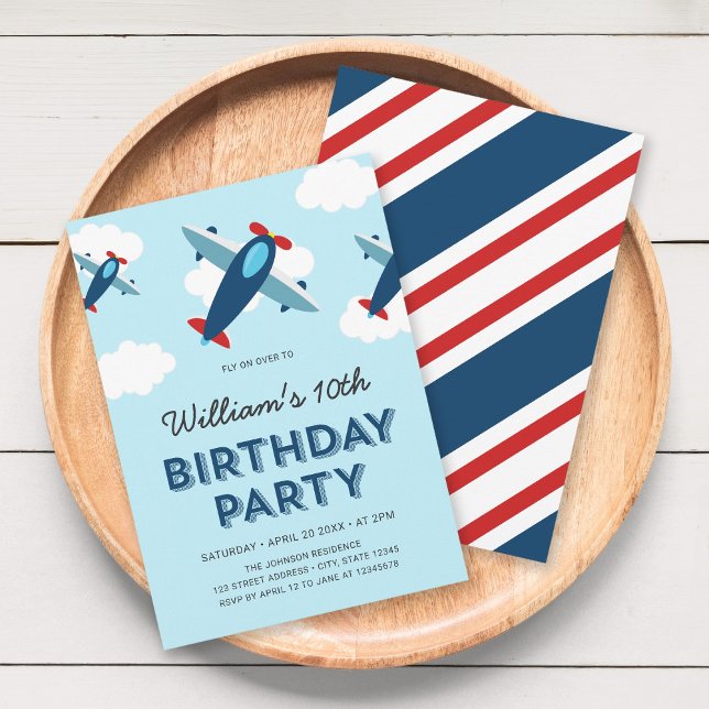 Blue and Red Aeroplane Birthday Party Invitation (Creator Uploaded)
