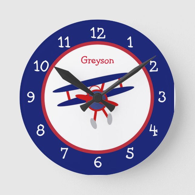 Blue and Red Aeroplane Children's Personalised Round Clock (Front)