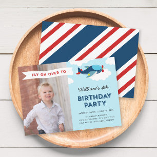 Blue and Red Aeroplane Photo Birthday Party Invitation