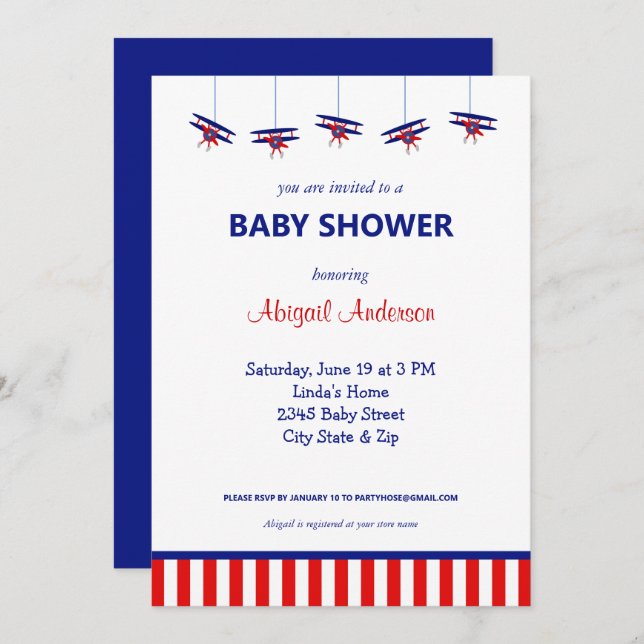 Blue and Red Aeroplane Striped Baby Shower Invitat Invitation (Front/Back)