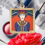 Blue and Red Art Nouveau Art Deco Woman Gold Plated Necklace<br><div class="desc">This woman is drawn in the iconic style of Art Nouveau and Art Deco. She is wearing a blue dress and the background is red. This art was imagined with AI.</div>