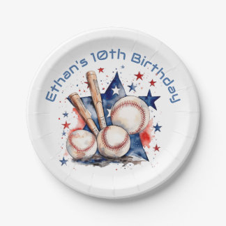 Blue and Red Baseball Bat and Ball Typography Paper Plate