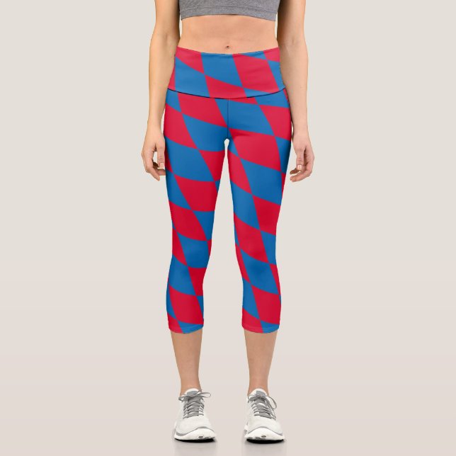 Blue and Red Bavaria Diamond Flag Pattern Capri Leggings (Front)