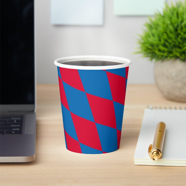 Blue and Red Bavaria Diamond Flag Pattern Paper Cups (Insitu)