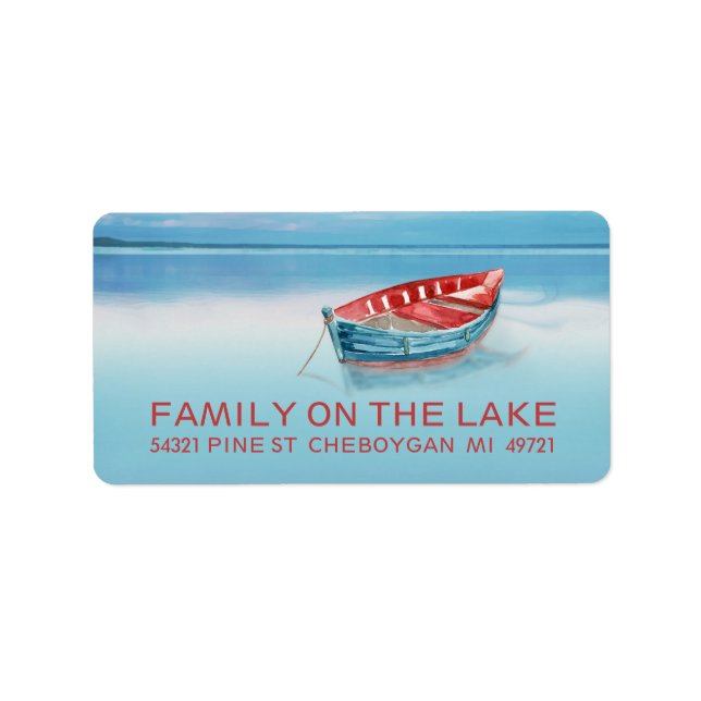 Blue and Red Boat on Lake Label (Front)