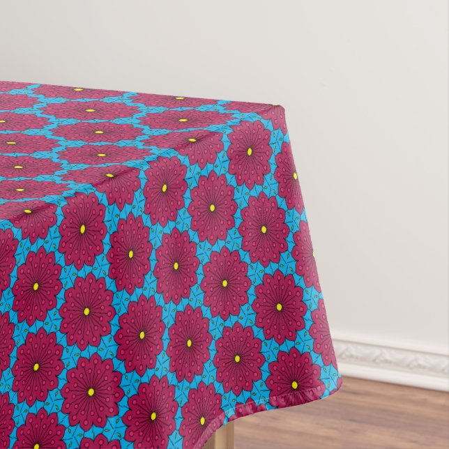 Blue and red boho pattern mandala style tablecloth (In Situ)