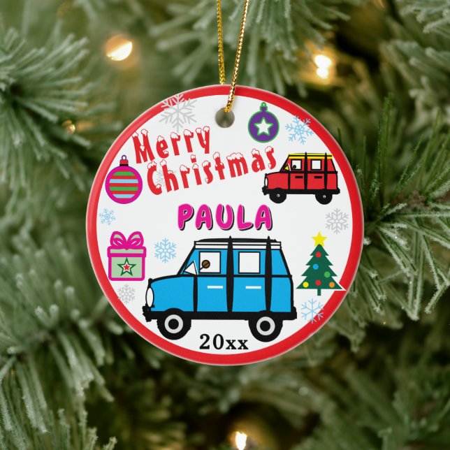 Blue and Red Cars PHOTO NAME Ceramic Ornament (Tree)