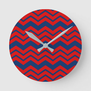 Blue and Red Chevron Pattern Design Round Clock