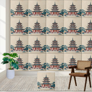 Blue and Red Chinoiserie Pagoda – Asian-Inspired  Ceramic Tile
